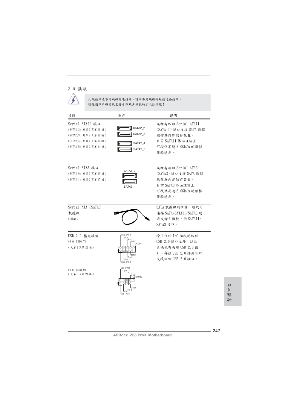 6 接頭, 繁體中文 | ASRock Z68 Pro3 User Manual | Page 247 / 256