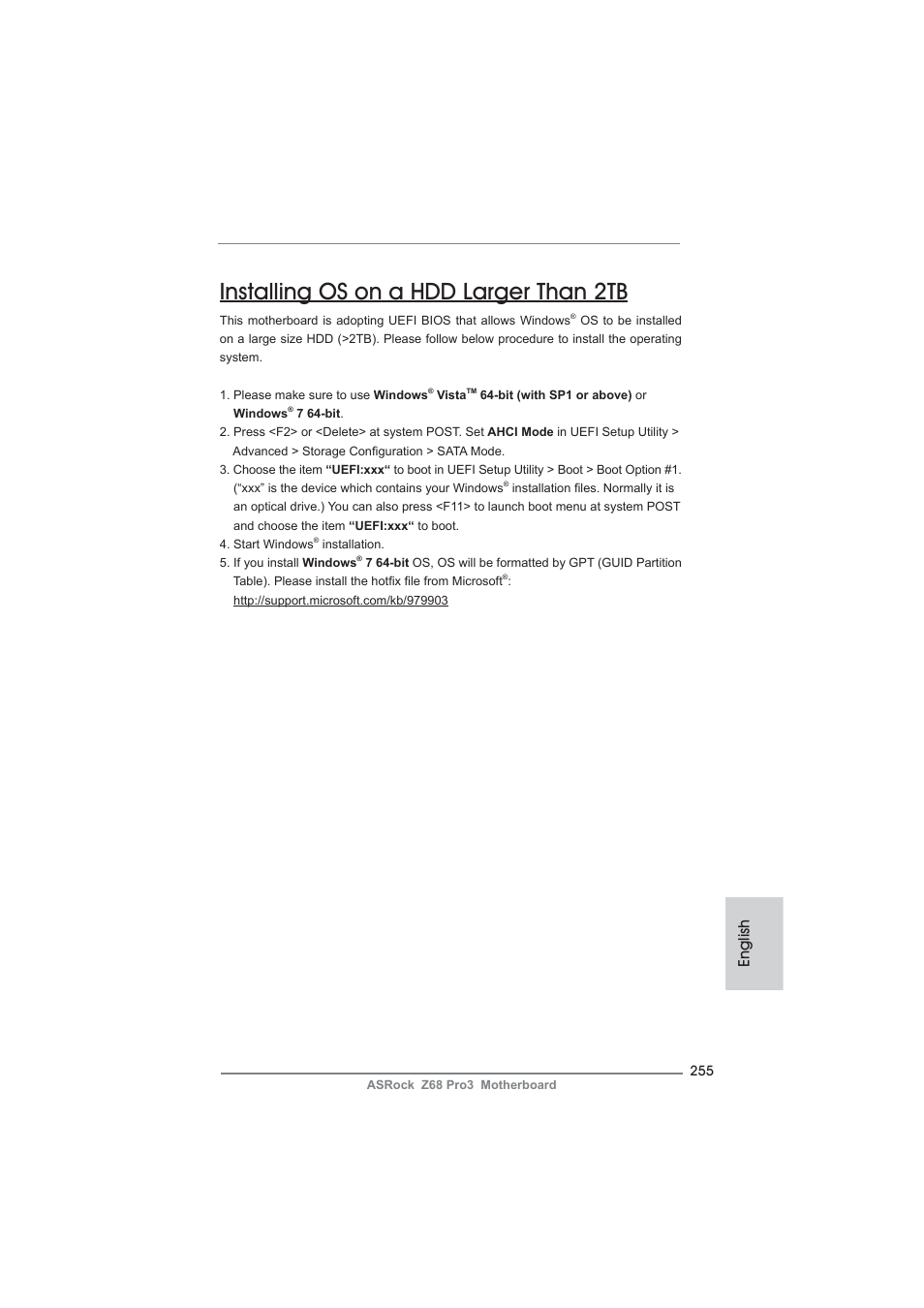 Installing os on a hdd larger than 2tb, English | ASRock Z68 Pro3 User Manual | Page 255 / 256