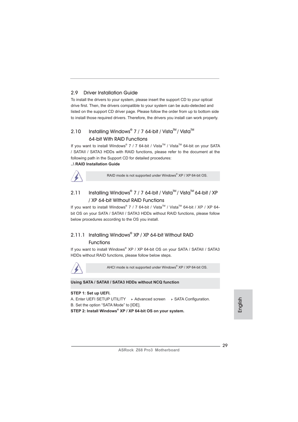 9 driver installation guide, 10 installing windows, 7 / 7 64-bit / vista | Vista, Bit with raid functions, English, 11 installing windows, Bit / xp / xp 64-bit without raid functions, 1 installing windows, Xp / xp 64-bit without raid functions | ASRock Z68 Pro3 User Manual | Page 29 / 256