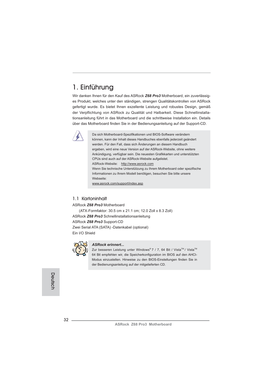 German, Einführung, 1 kartoninhalt | Deutsch | ASRock Z68 Pro3 User Manual | Page 32 / 256