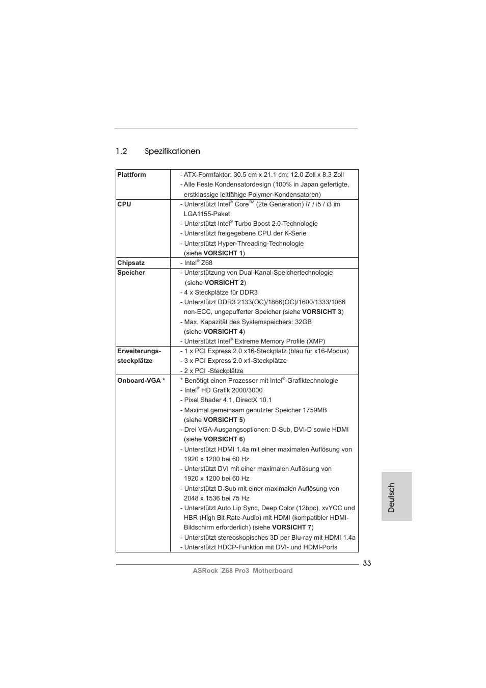 2 spezifikationen, Deutsch | ASRock Z68 Pro3 User Manual | Page 33 / 256