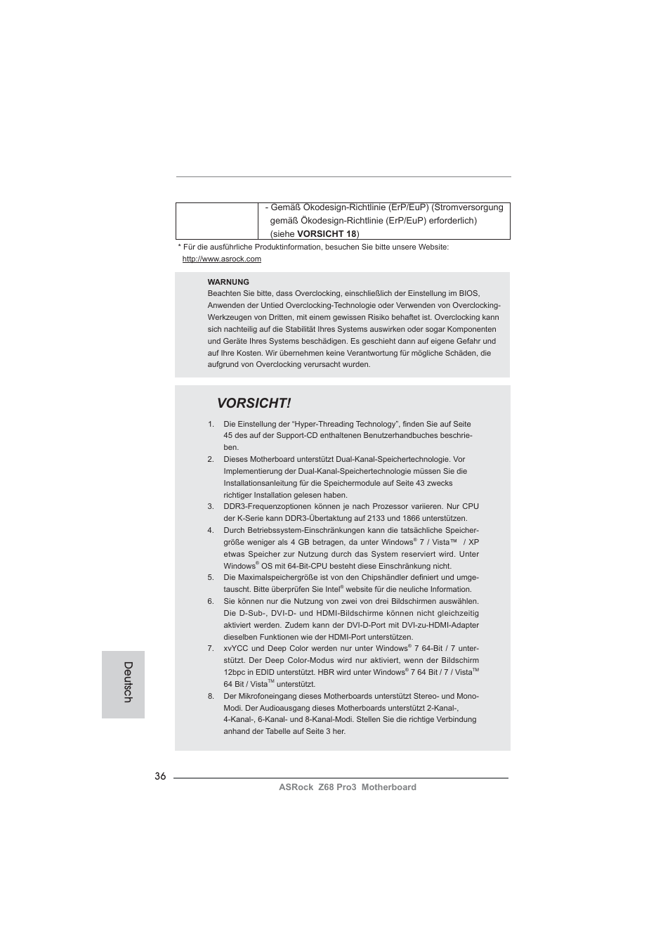 Vorsicht, Deutsch | ASRock Z68 Pro3 User Manual | Page 36 / 256