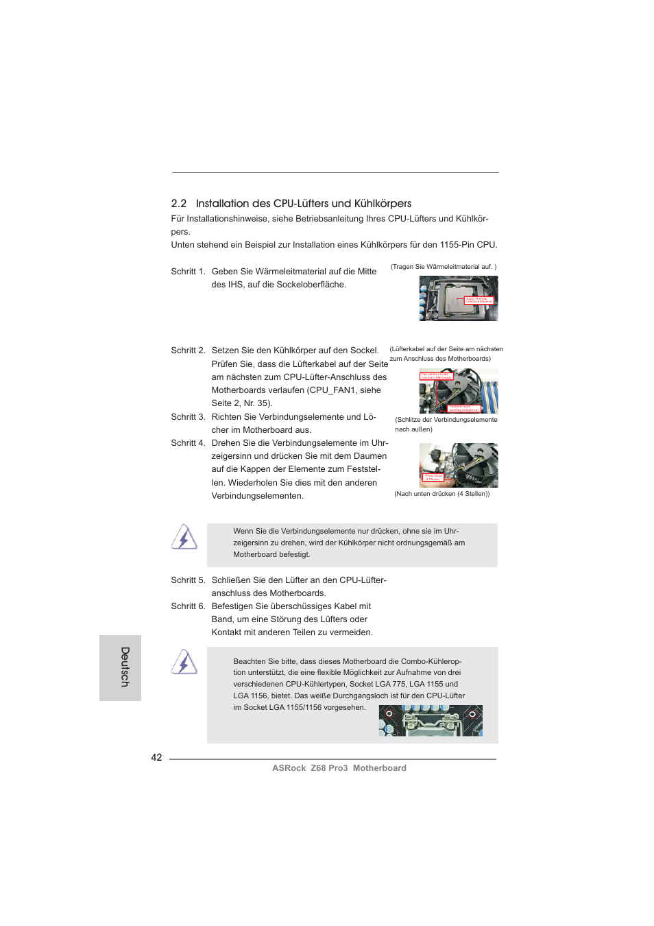 2 installation des cpu-lüfters und kühlkörpers, Deutsch | ASRock Z68 Pro3 User Manual | Page 42 / 256