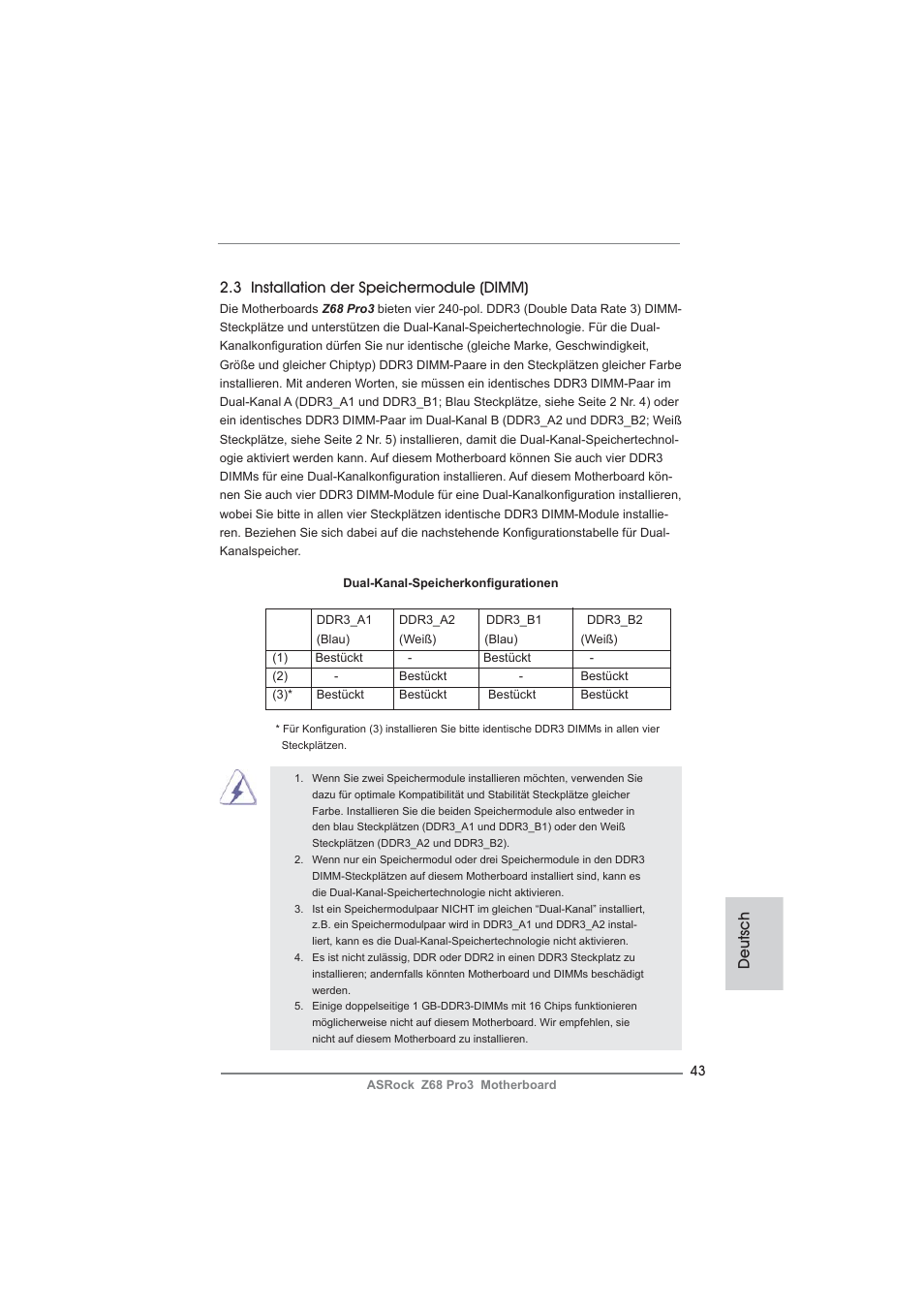 Deutsch 2.3 installation der speichermodule (dimm) | ASRock Z68 Pro3 User Manual | Page 43 / 256