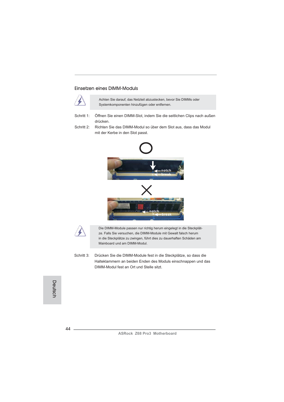 Einsetzen eines dimm-moduls, Deutsch | ASRock Z68 Pro3 User Manual | Page 44 / 256