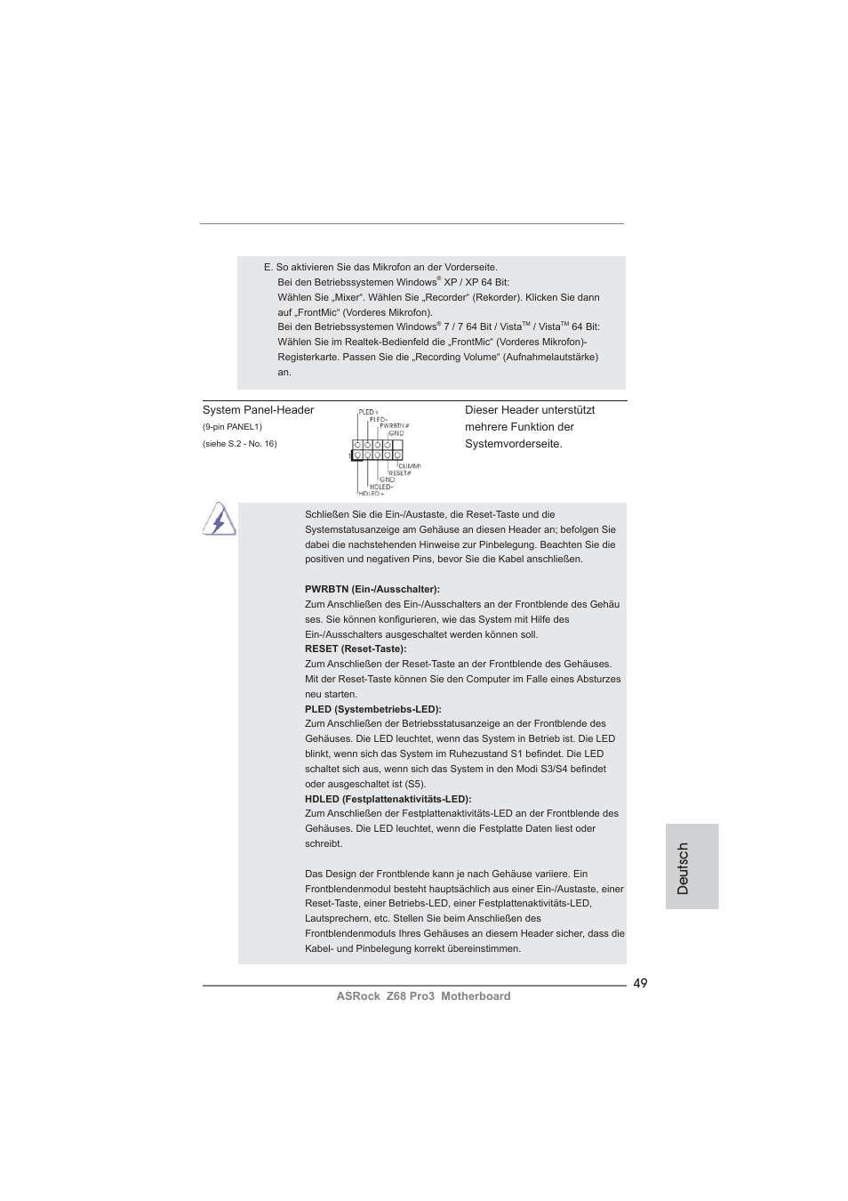 Deutsch | ASRock Z68 Pro3 User Manual | Page 49 / 256