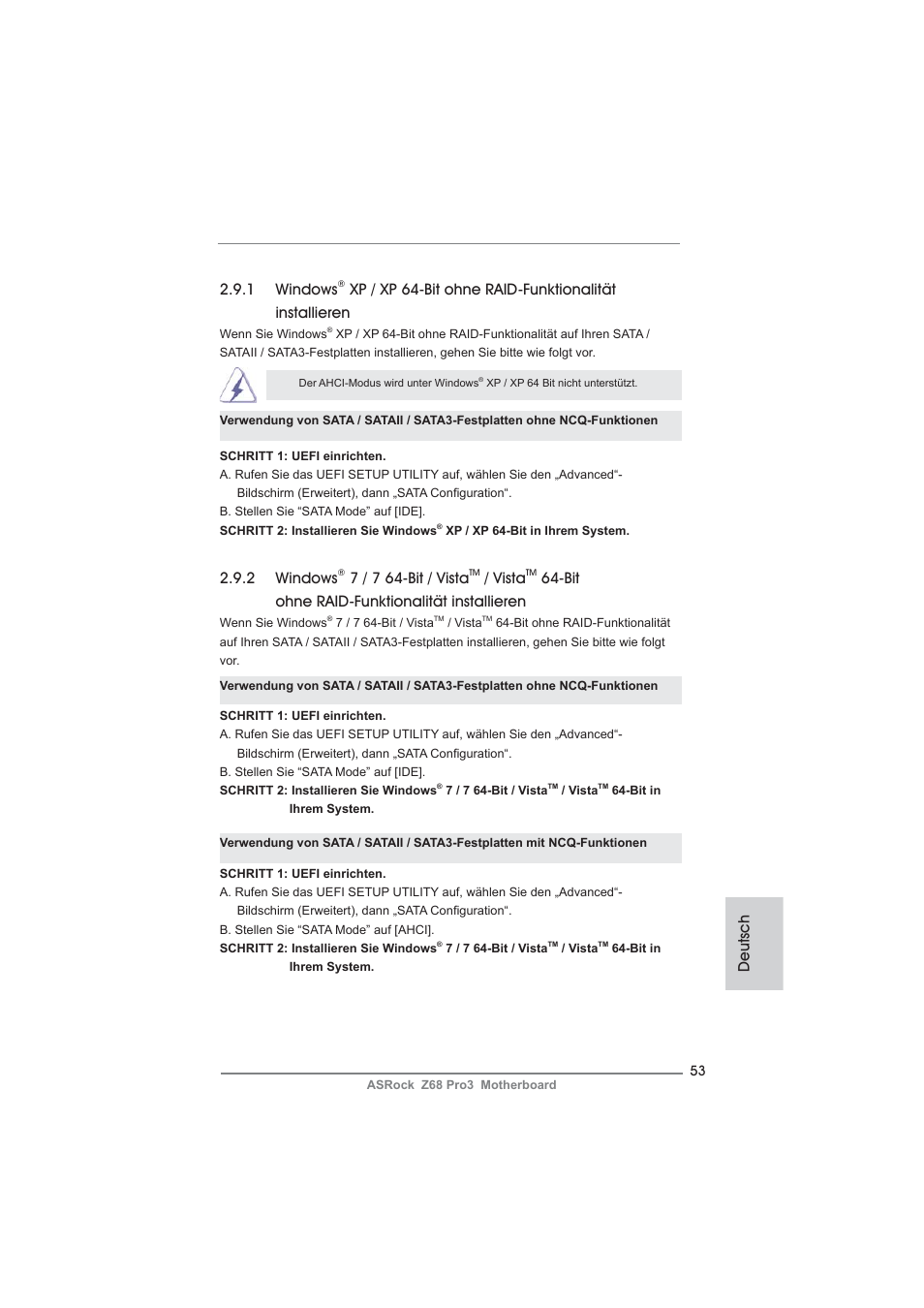 1 windows, Deutsch, 2 windows | 7 / 7 64-bit / vista, Vista, Bit ohne raid-funktionalität installieren | ASRock Z68 Pro3 User Manual | Page 53 / 256