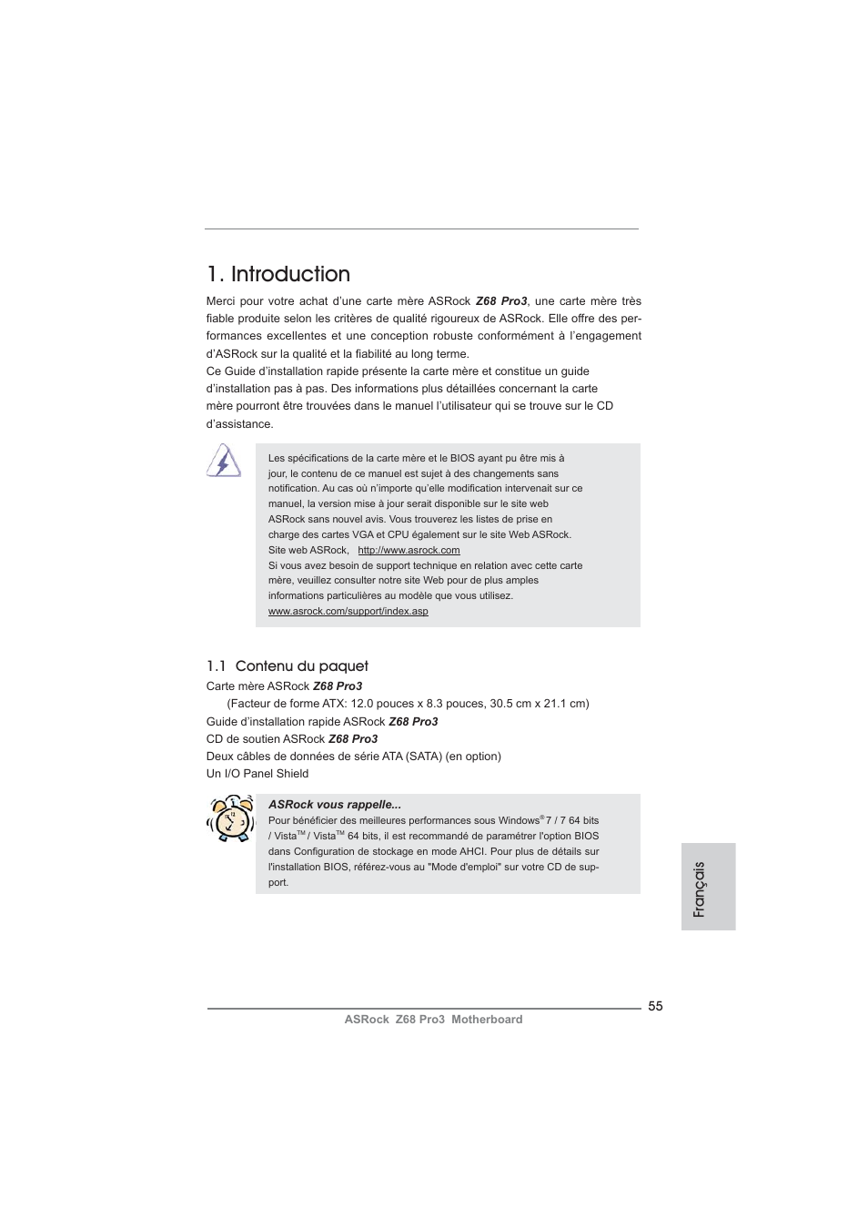 French, Introduction, Français | 1 contenu du paquet | ASRock Z68 Pro3 User Manual | Page 55 / 256