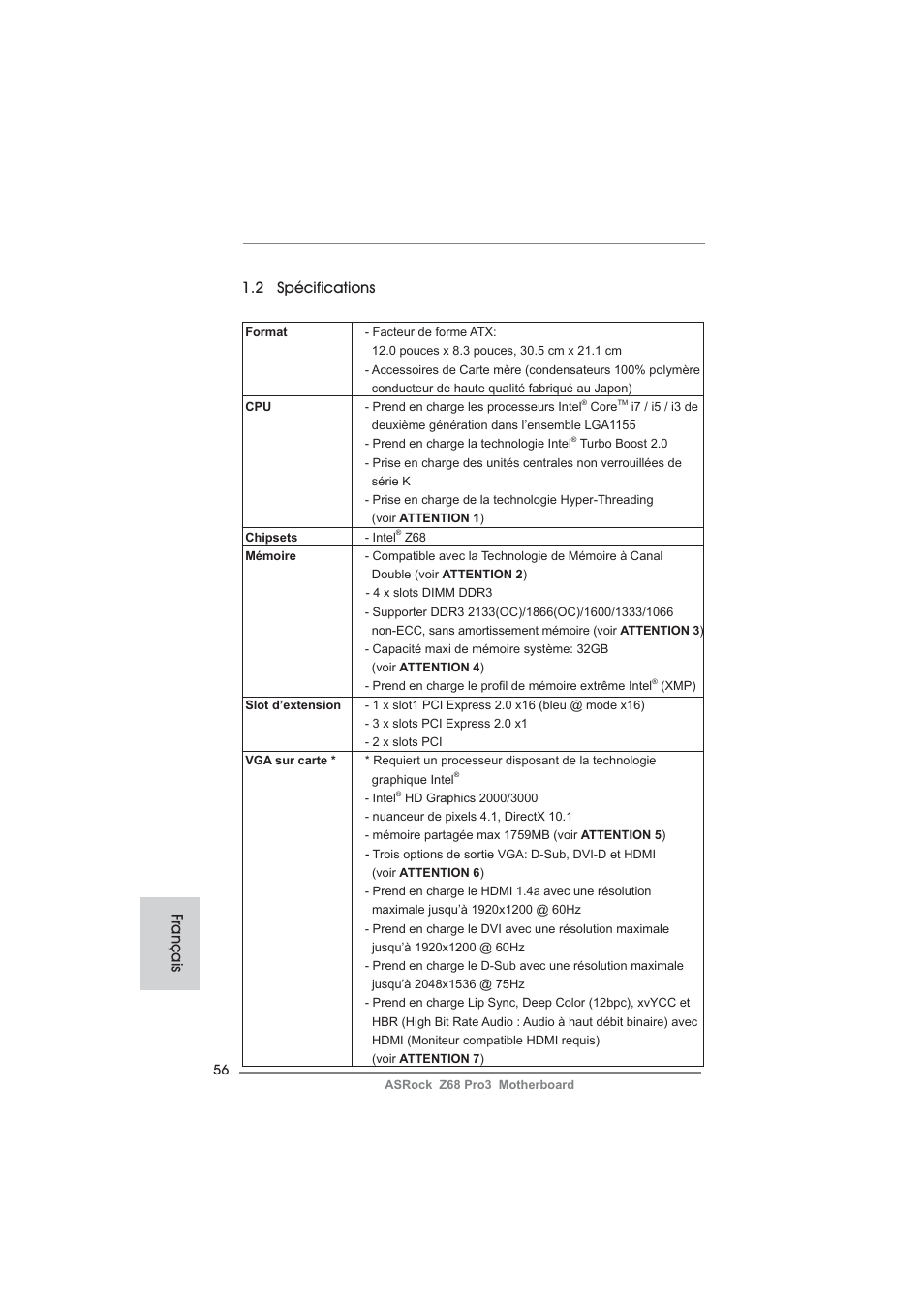 2 spécifications, Français | ASRock Z68 Pro3 User Manual | Page 56 / 256