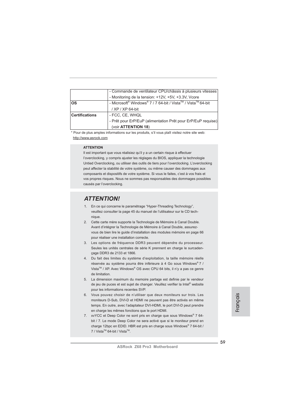 Attention, Français | ASRock Z68 Pro3 User Manual | Page 59 / 256