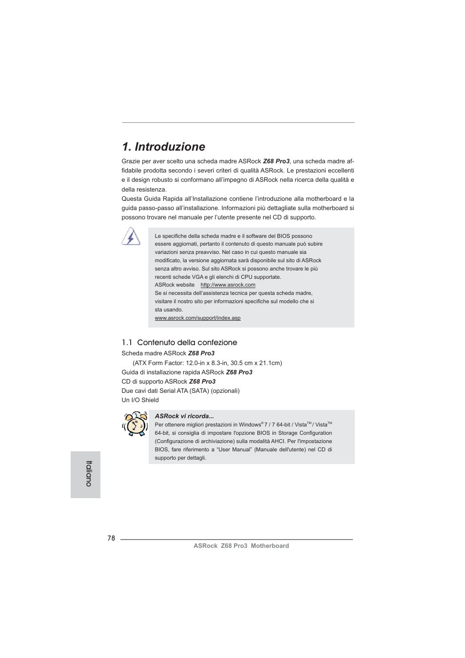 Italian, Introduzione, 1 contenuto della confezione | Italiano | ASRock Z68 Pro3 User Manual | Page 78 / 256