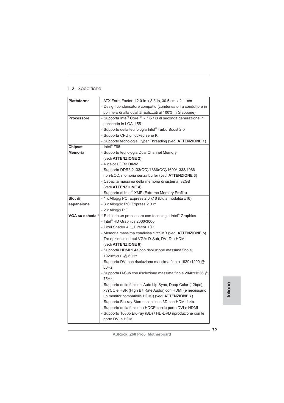 Italiano 1.2 specifiche | ASRock Z68 Pro3 User Manual | Page 79 / 256