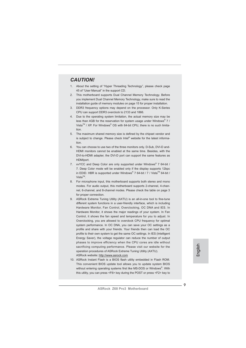 Caution, English | ASRock Z68 Pro3 User Manual | Page 9 / 256