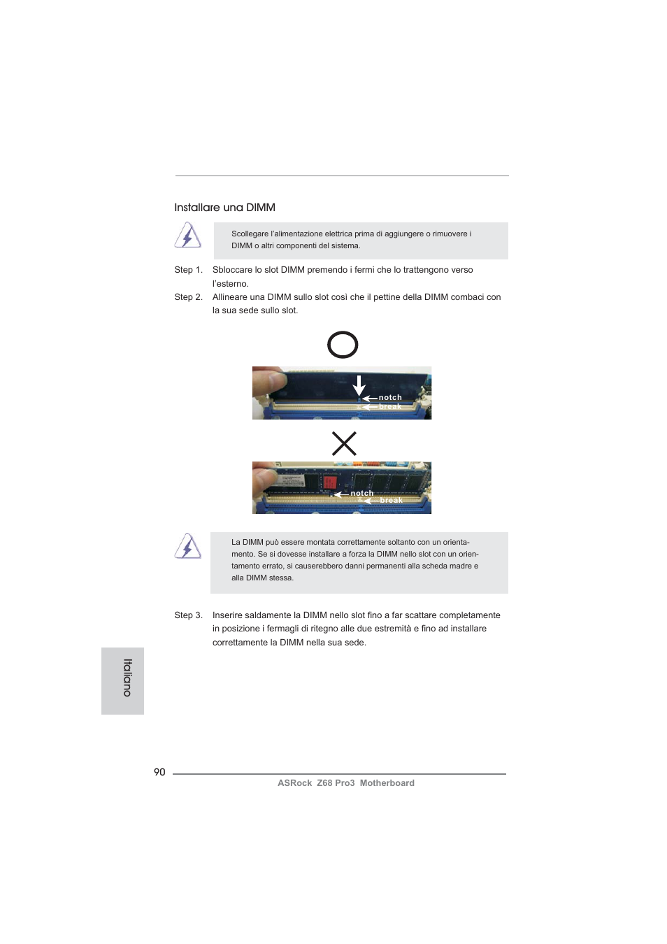 Installare una dimm, Italiano | ASRock Z68 Pro3 User Manual | Page 90 / 256