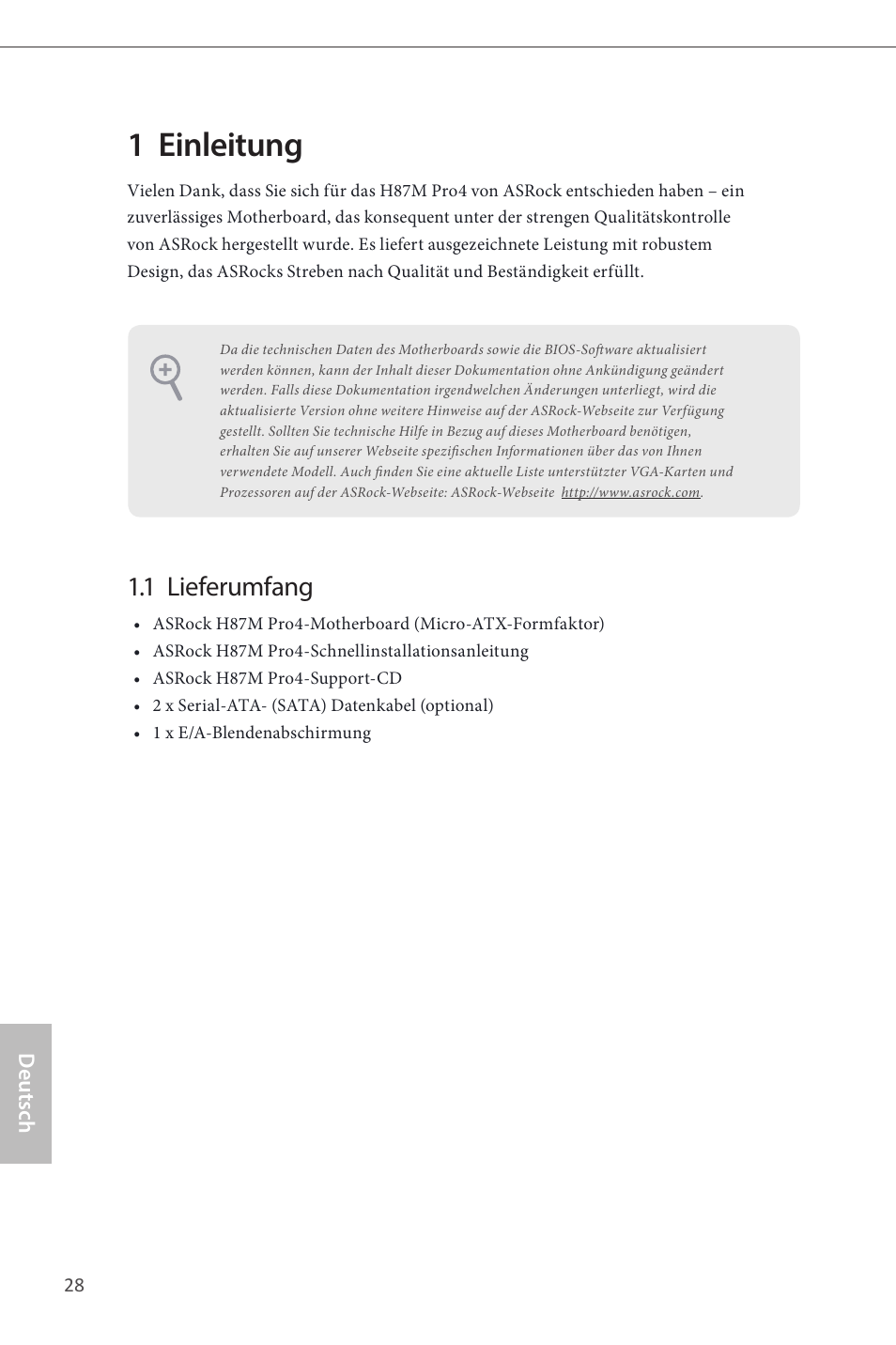 German, 1 einleitung, 1 lieferumfang | ASRock H87M Pro4 User Manual | Page 30 / 163