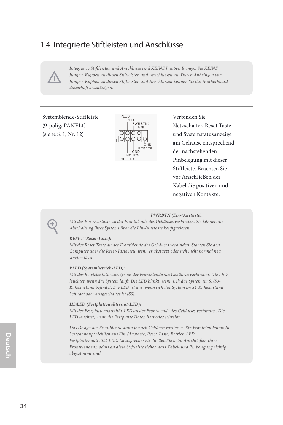 4 integrierte stiftleisten und anschlüsse, Deutsch | ASRock H87M Pro4 User Manual | Page 36 / 163