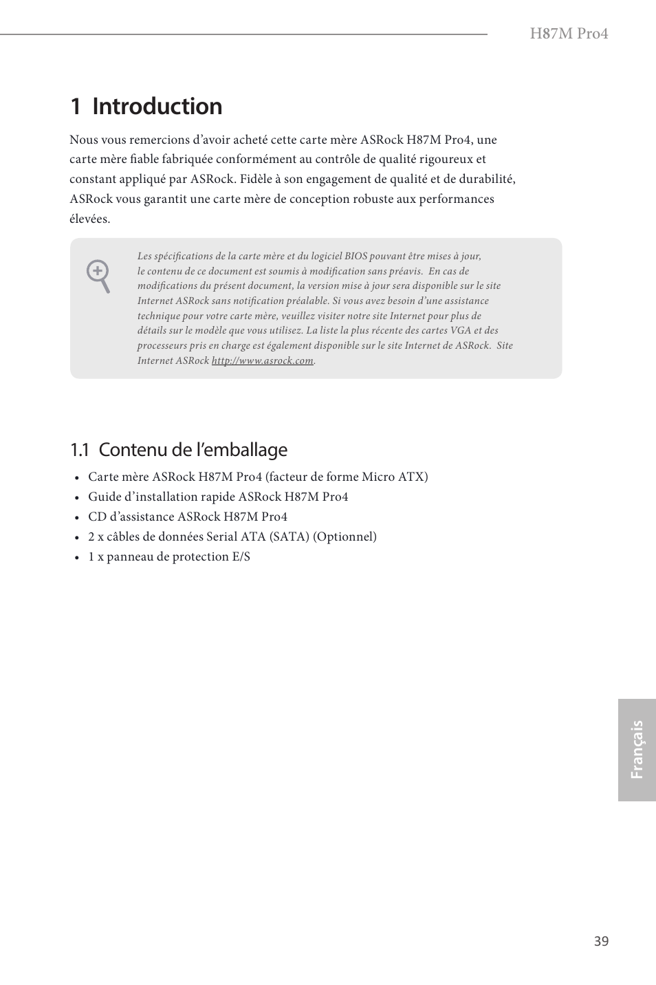 French, 1 introduction, 1 contenu de l’emballage | ASRock H87M Pro4 User Manual | Page 41 / 163