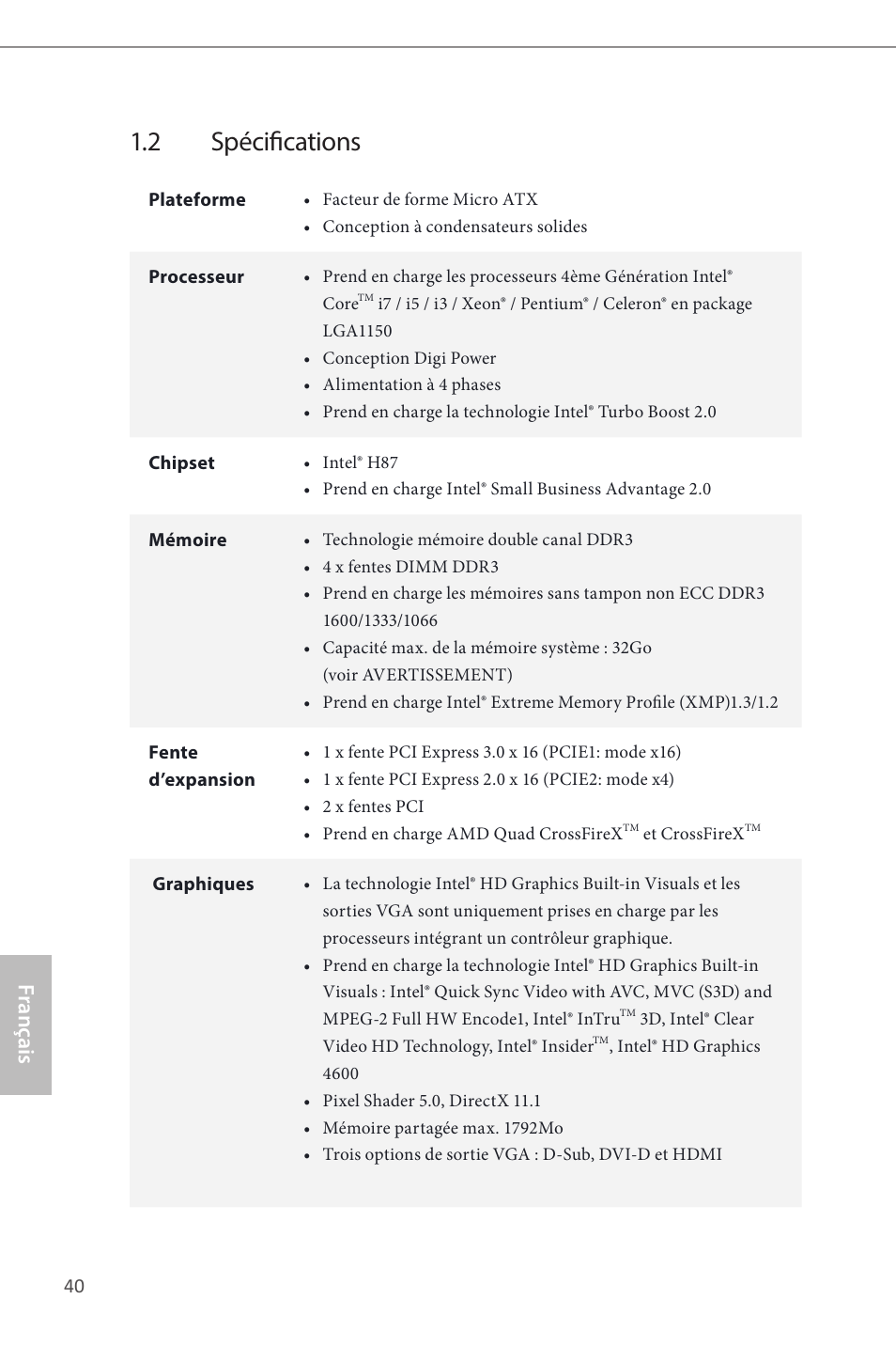 2 spécifications, Français | ASRock H87M Pro4 User Manual | Page 42 / 163