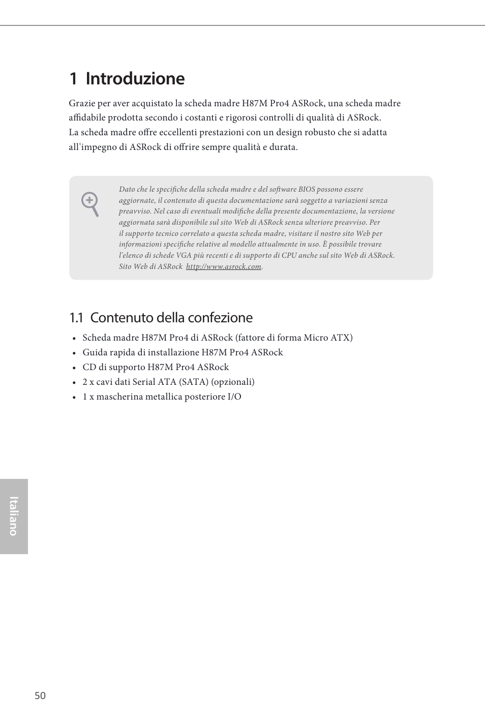 Italian, 1 introduzione, 1 contenuto della confezione | ASRock H87M Pro4 User Manual | Page 52 / 163