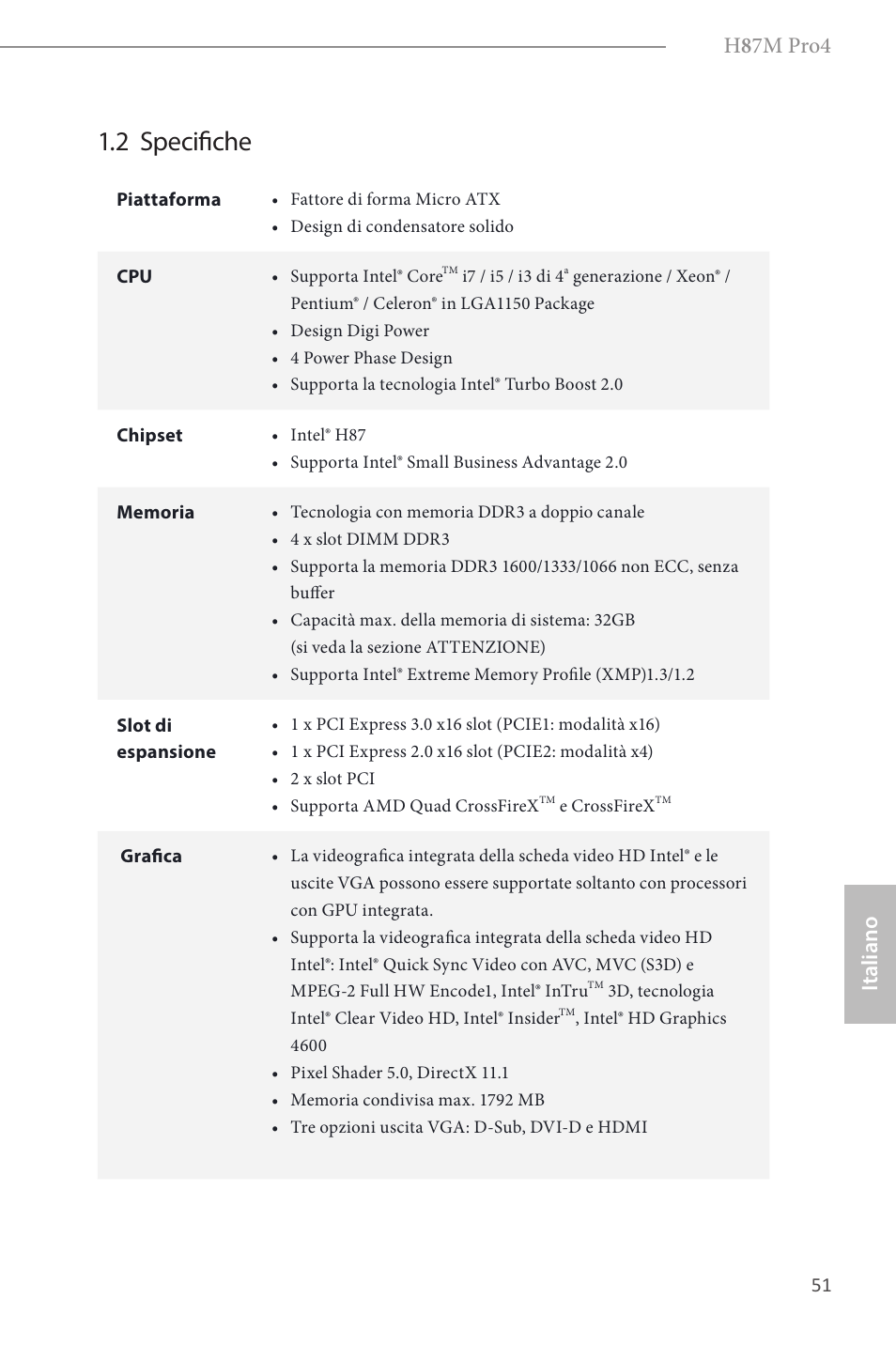 2 specifiche, H 8 7m pro4, Italiano | ASRock H87M Pro4 User Manual | Page 53 / 163