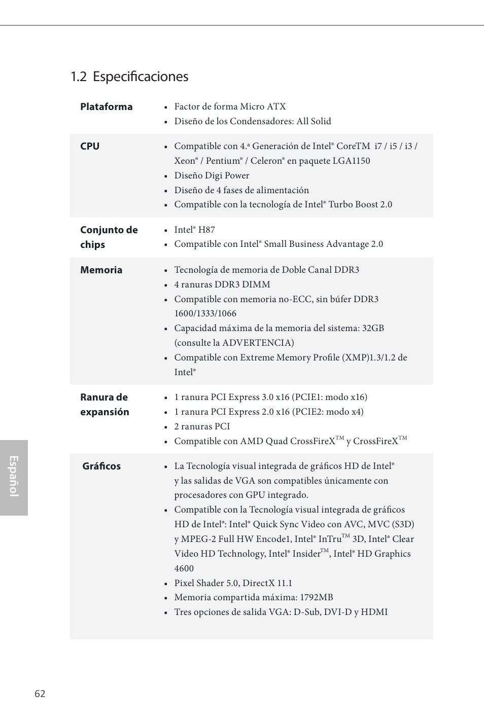 2 especificaciones, Español | ASRock H87M Pro4 User Manual | Page 64 / 163