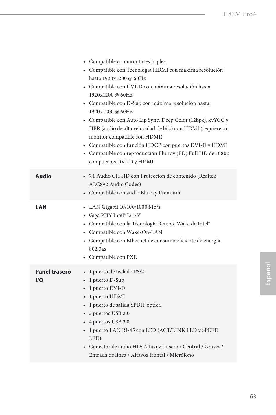 H 8 7m pro4, Español | ASRock H87M Pro4 User Manual | Page 65 / 163