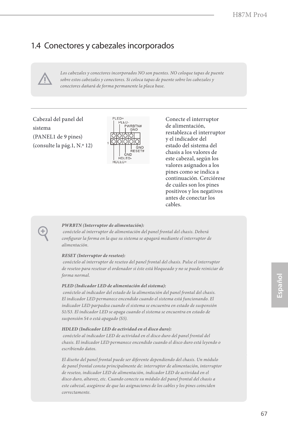 4 conectores y cabezales incorporados, H 8 7m pro4, Español | ASRock H87M Pro4 User Manual | Page 69 / 163