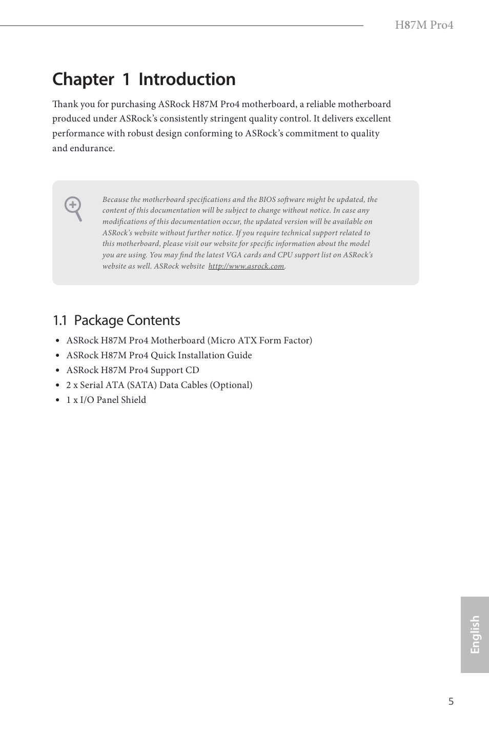 Chapter 1 introduction, 1 package contents | ASRock H87M Pro4 User Manual | Page 7 / 163