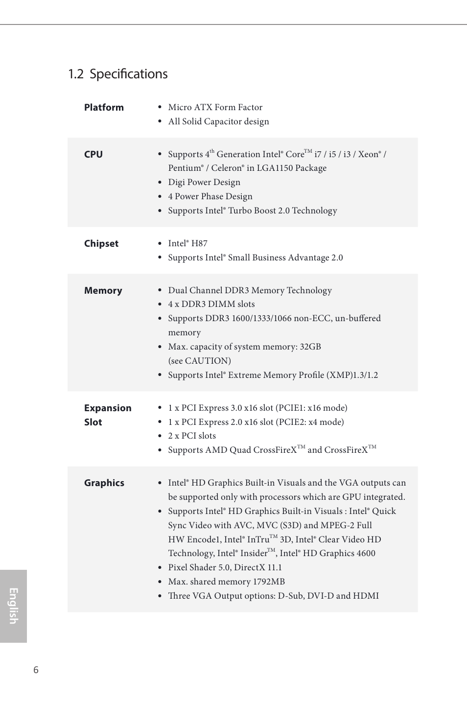 2 specifications, English | ASRock H87M Pro4 User Manual | Page 8 / 163