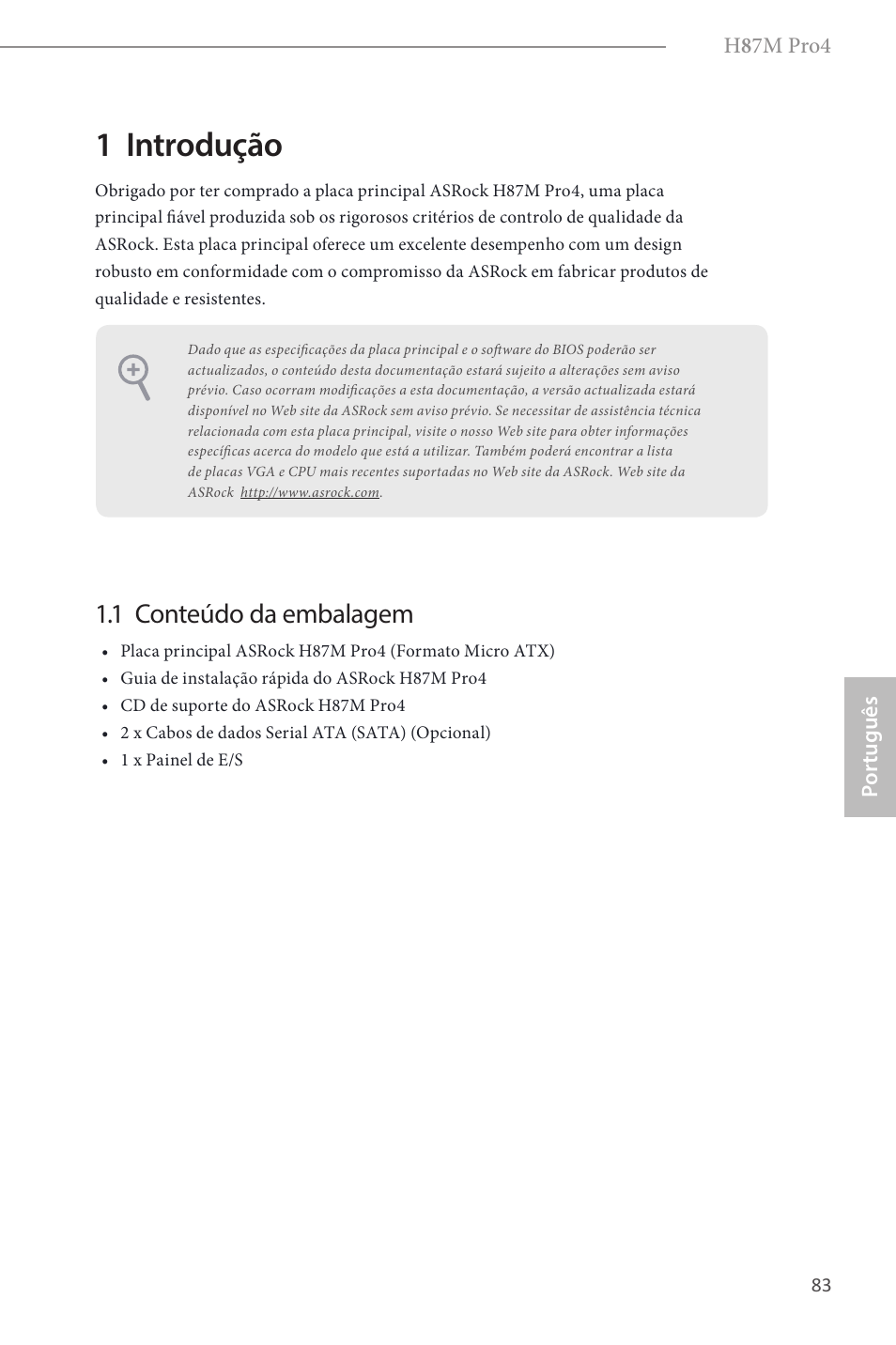 Portuguese, 1 introdução, 1 conteúdo da embalagem | ASRock H87M Pro4 User Manual | Page 85 / 163