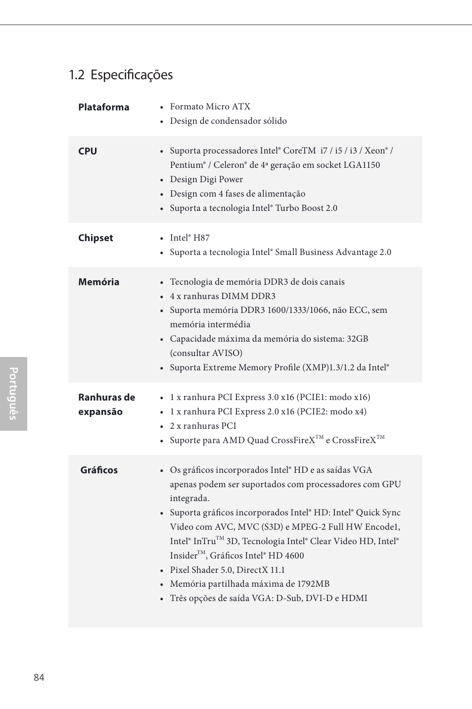 2 especificações, Por tuguês | ASRock H87M Pro4 User Manual | Page 86 / 163