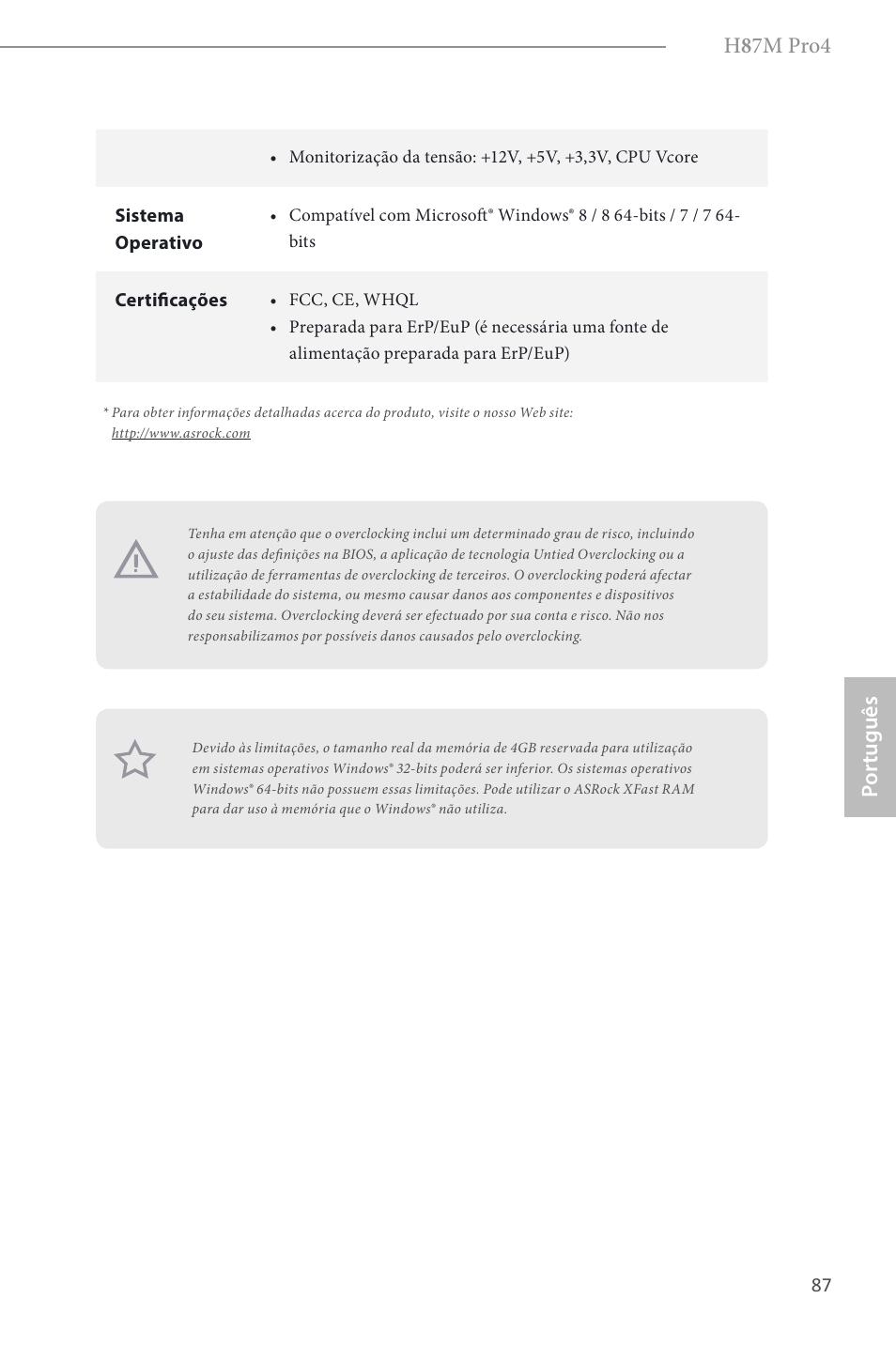 H 8 7m pro4, Por tuguês | ASRock H87M Pro4 User Manual | Page 89 / 163