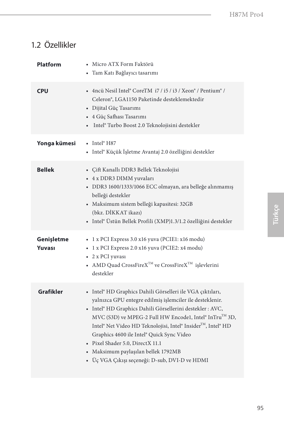 2 özellikler, H 8 7m pro4, Türk çe | ASRock H87M Pro4 User Manual | Page 97 / 163