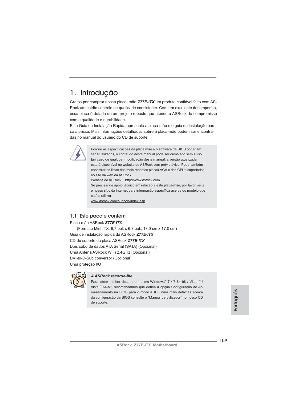 Portuguese, Introdução, Po rtuguês | 1 este pacote contém | ASRock Z77E-ITX User Manual | Page 109 / 199