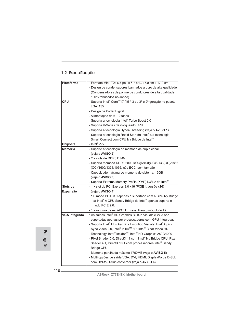 Po rtuguês 1.2 especificações | ASRock Z77E-ITX User Manual | Page 110 / 199