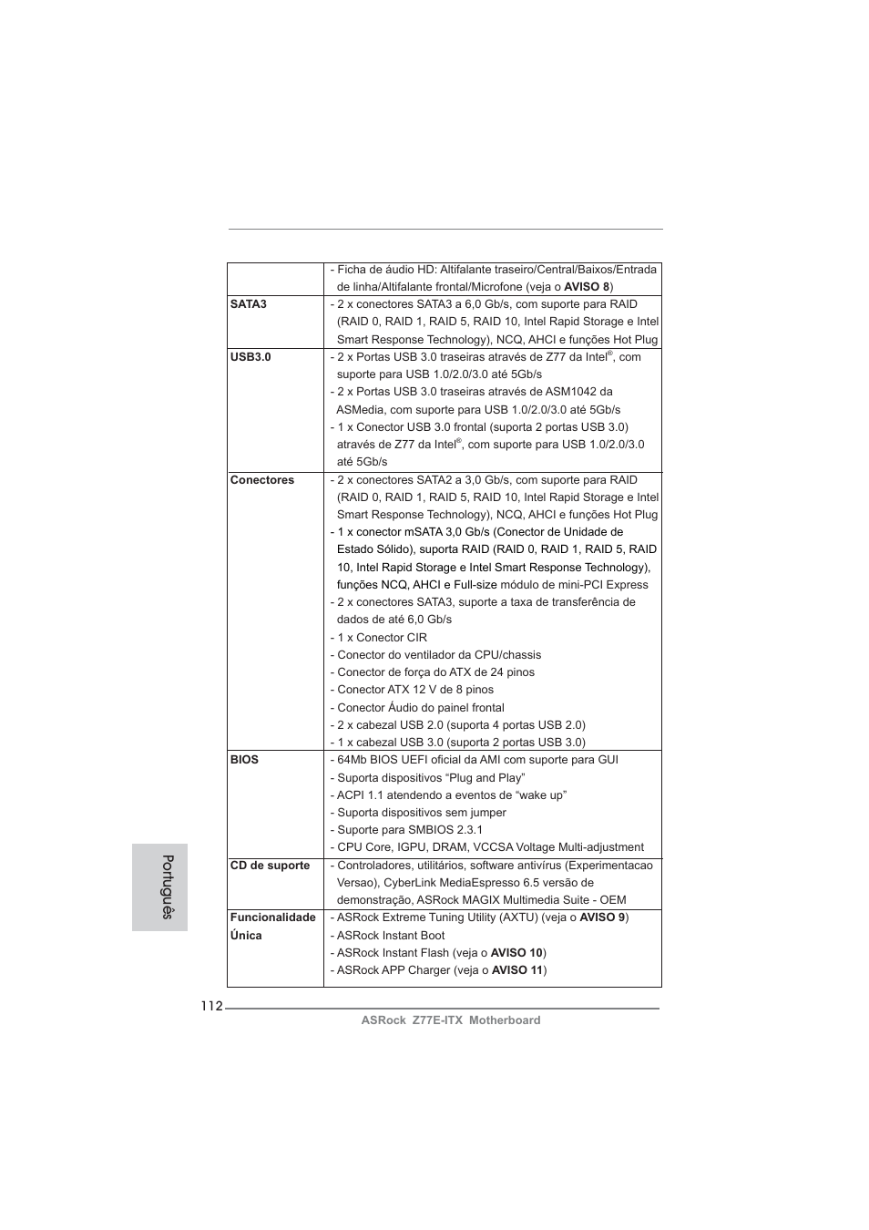 Po rtuguês | ASRock Z77E-ITX User Manual | Page 112 / 199