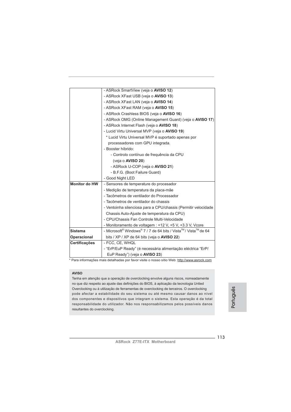 Po rtuguês | ASRock Z77E-ITX User Manual | Page 113 / 199