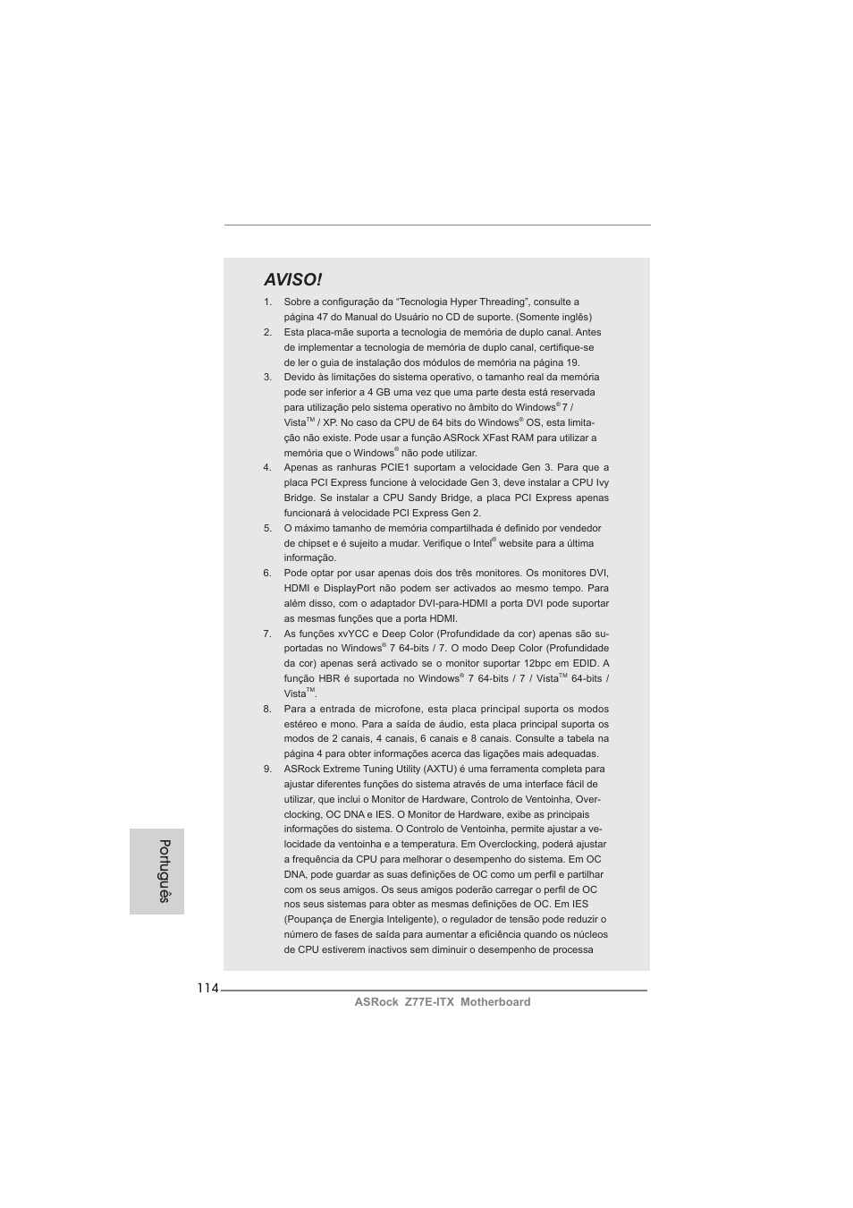 Aviso, Po rtuguês | ASRock Z77E-ITX User Manual | Page 114 / 199