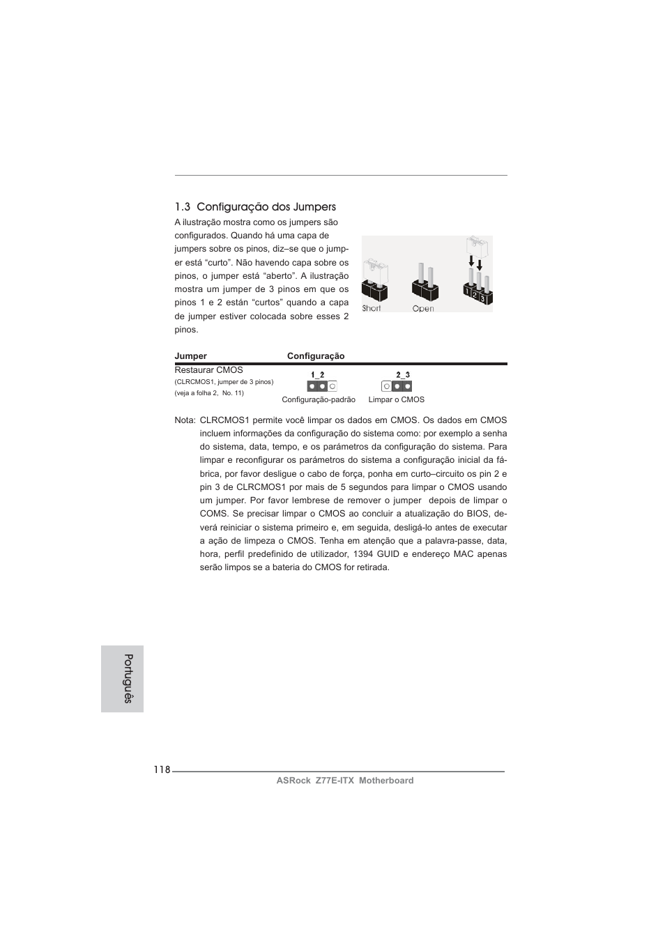 3 configuração dos jumpers, Po rtuguês | ASRock Z77E-ITX User Manual | Page 118 / 199