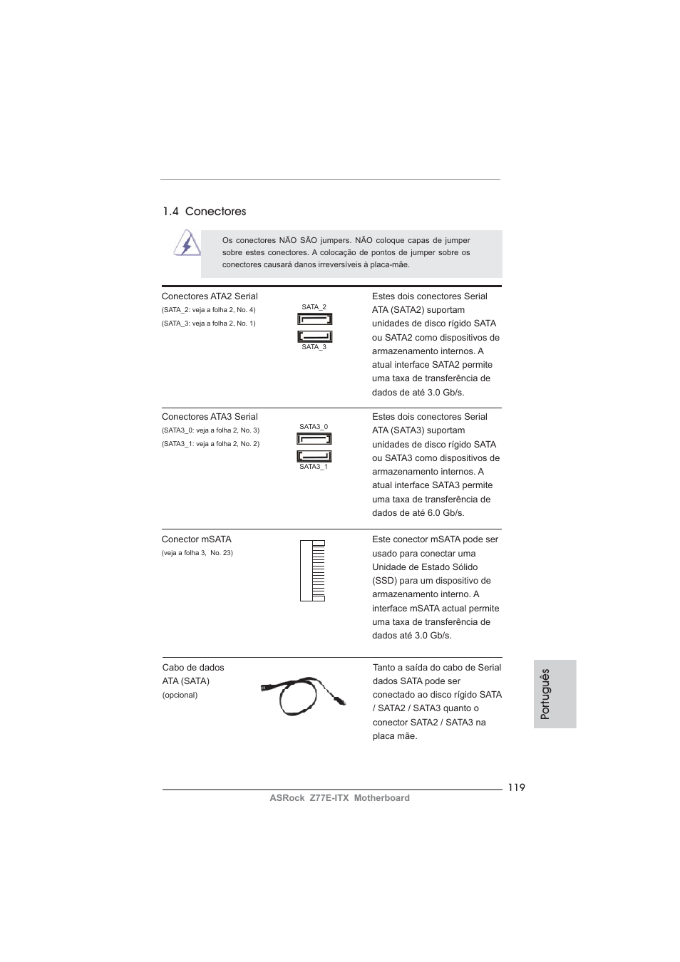 Po rtuguês, 4 conectores | ASRock Z77E-ITX User Manual | Page 119 / 199