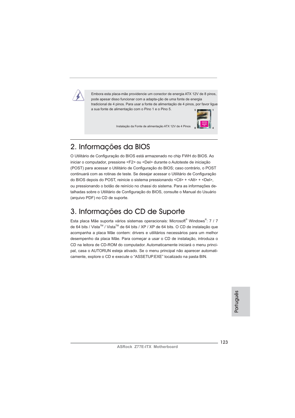 Informações da bios, Informações do cd de suporte, Po rtuguês | ASRock Z77E-ITX User Manual | Page 123 / 199