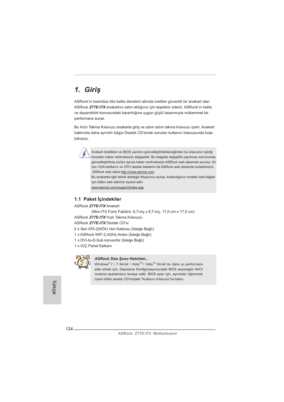 Turkish, Giriş, 1 paket içindekiler | Türkçe | ASRock Z77E-ITX User Manual | Page 124 / 199