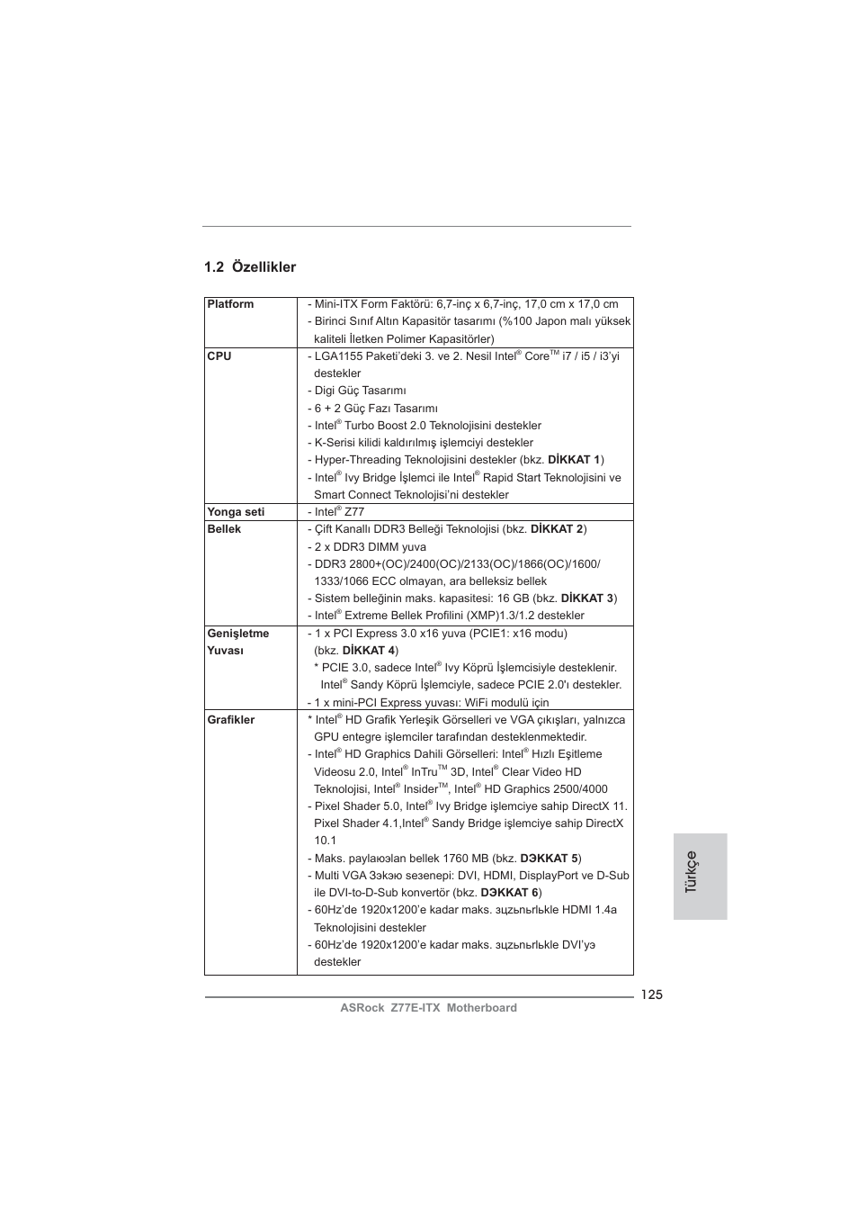 Türkçe 1.2 özellikler | ASRock Z77E-ITX User Manual | Page 125 / 199