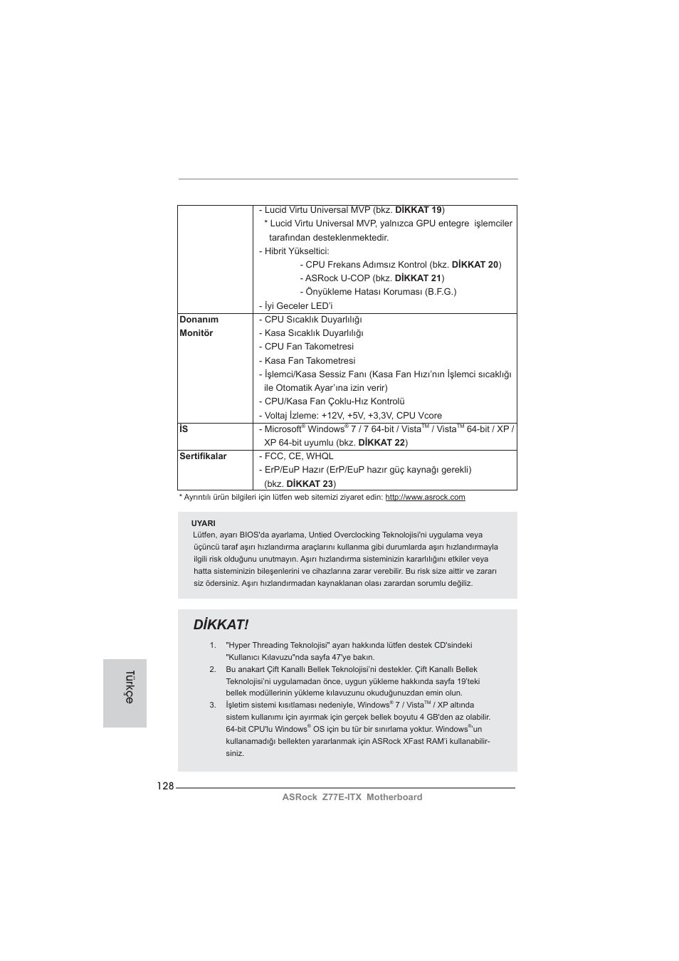 Dikkat, Türkçe | ASRock Z77E-ITX User Manual | Page 128 / 199