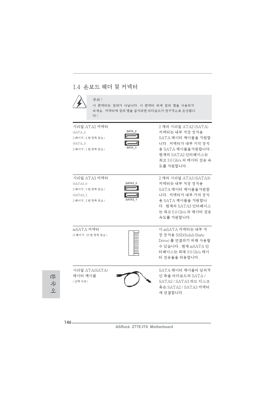 한 국 어 1.4 온보드 헤더 및 커넥터 | ASRock Z77E-ITX User Manual | Page 146 / 199