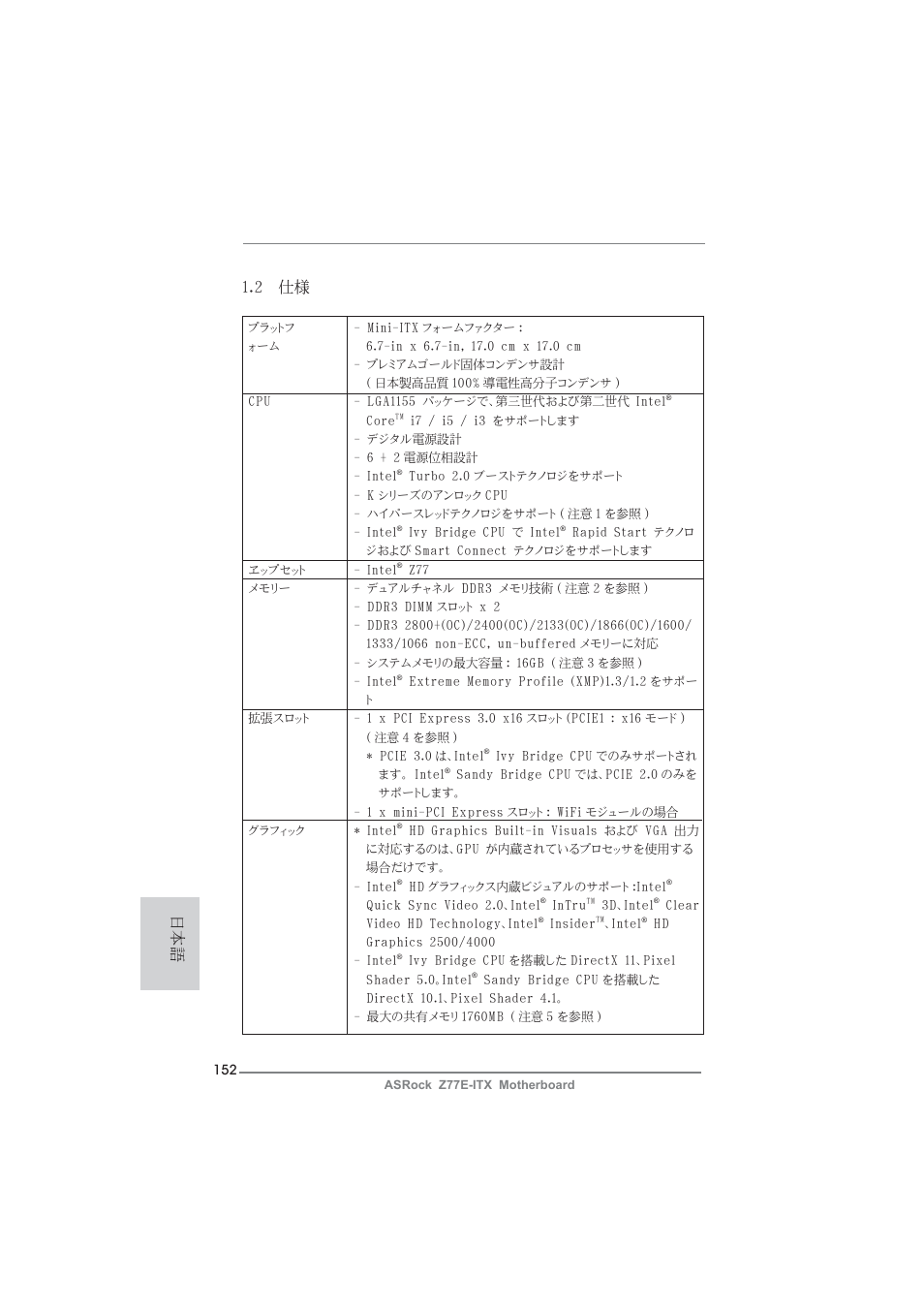 日本語 1.2 仕様 | ASRock Z77E-ITX User Manual | Page 152 / 199