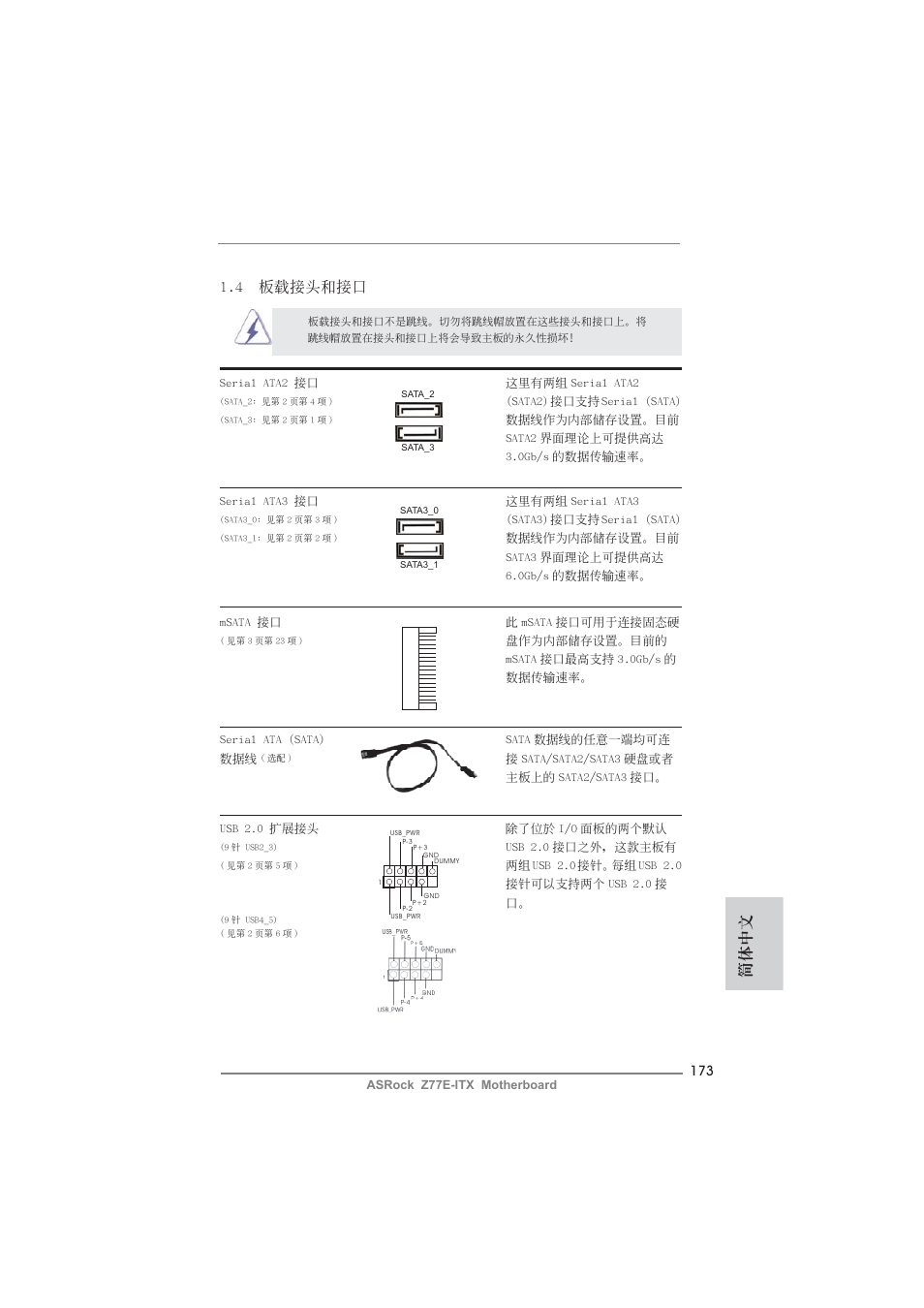 簡體中文, 4 板載接頭和接口 | ASRock Z77E-ITX User Manual | Page 173 / 199
