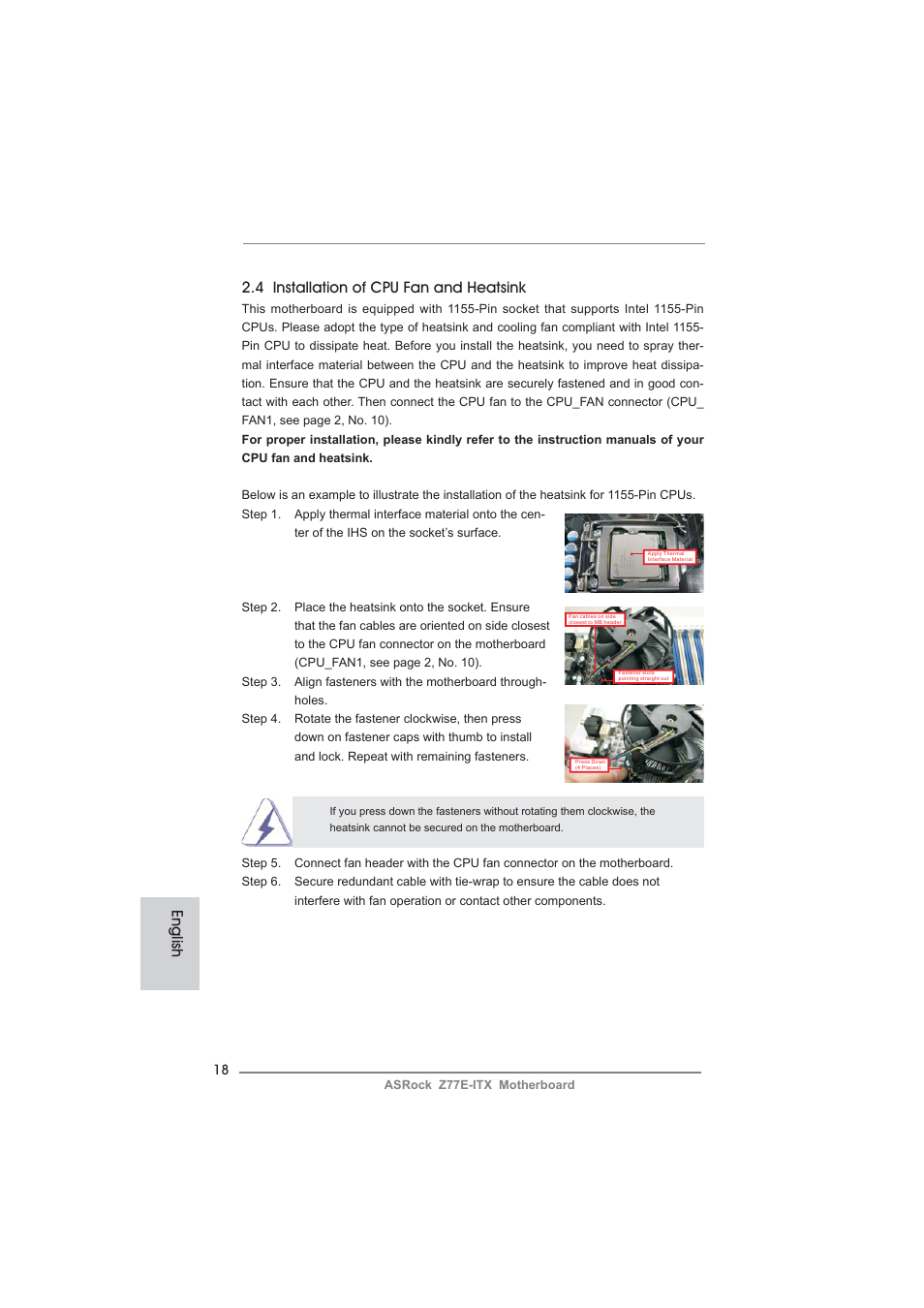 English 2.4 installation of cpu fan and heatsink | ASRock Z77E-ITX User Manual | Page 18 / 199