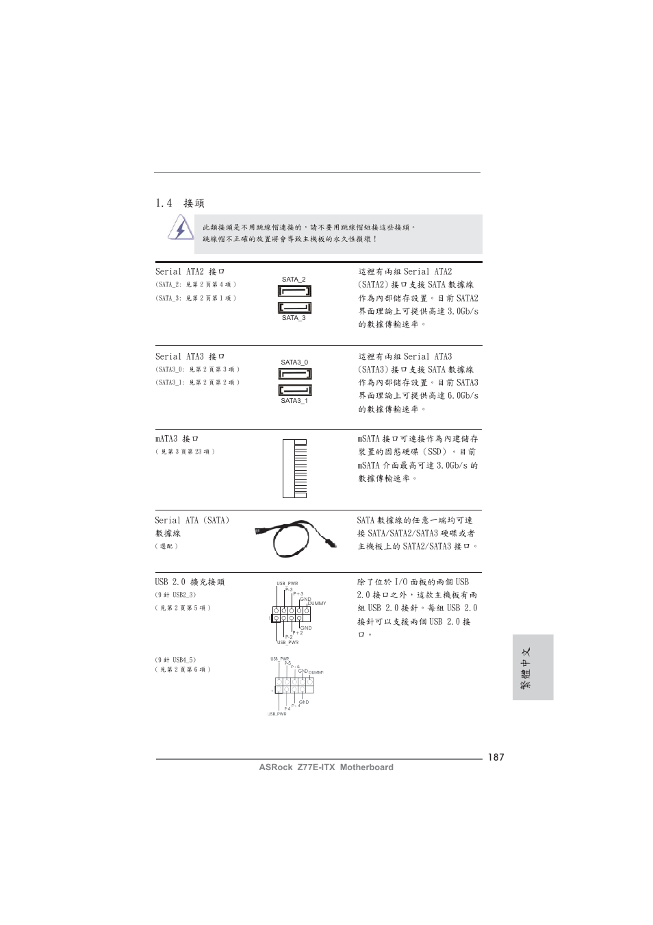 繁體中文, 4 接頭 | ASRock Z77E-ITX User Manual | Page 187 / 199