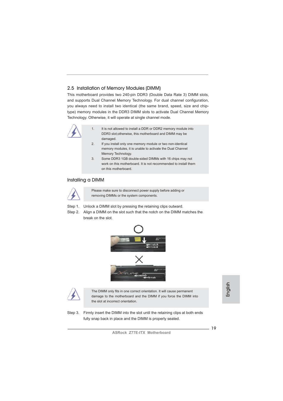 Installing a dimm | ASRock Z77E-ITX User Manual | Page 19 / 199